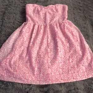Neon Pink white lace dress M strapless sundress elastic back panel Aeropostale